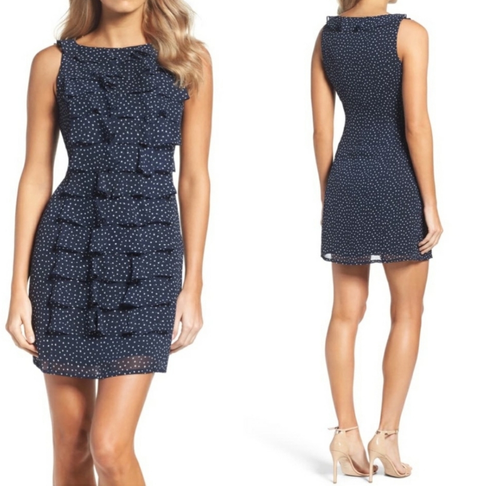 Adrianna Papell Navy Polka Dot Ruffle Midi Dress